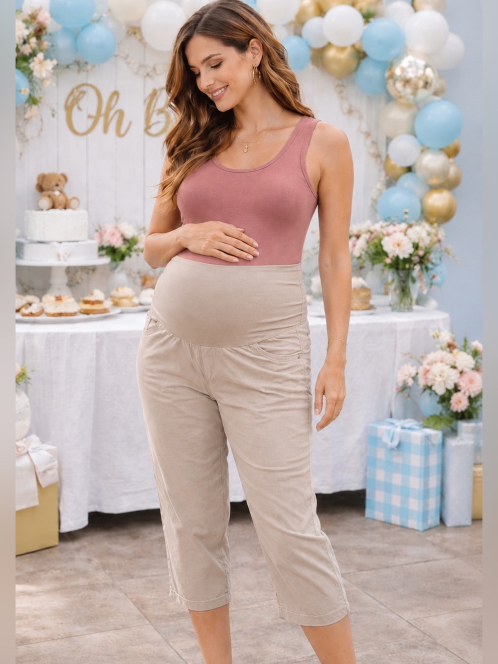 New Addition Maternity Tan Crop Capri Pants Elastic Waist Stretch Size Medium